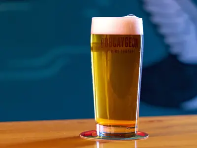Close up of Pint Glass of Beer at Bobcaygeon Brewing Company sitting on a wooden table witha blue background.